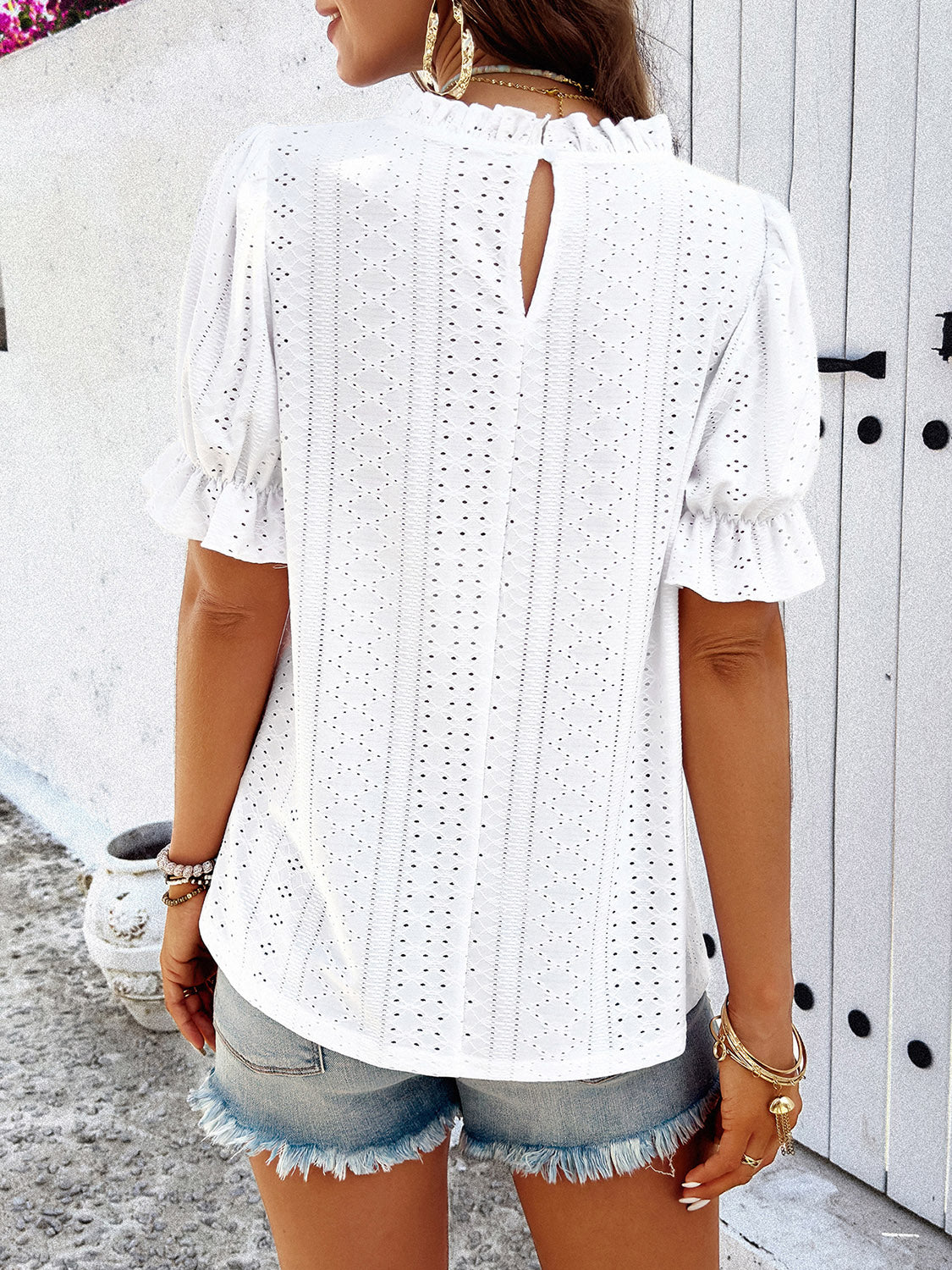 eyelet mock neck flounce sleeve blouse