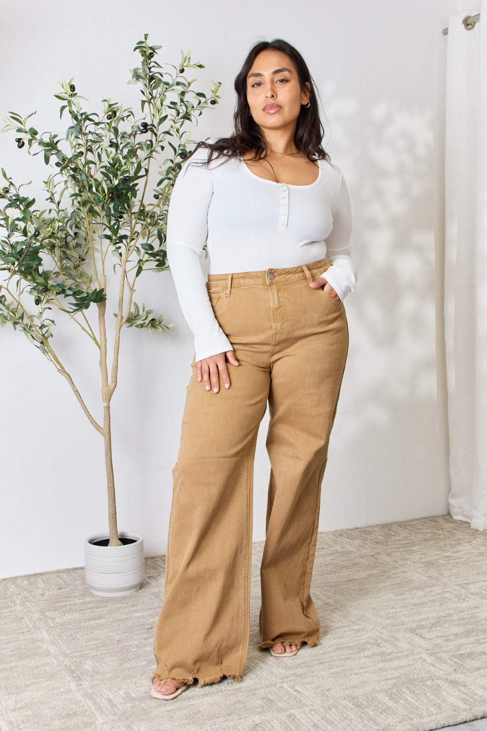 risen full size fringe hem wide leg jeans