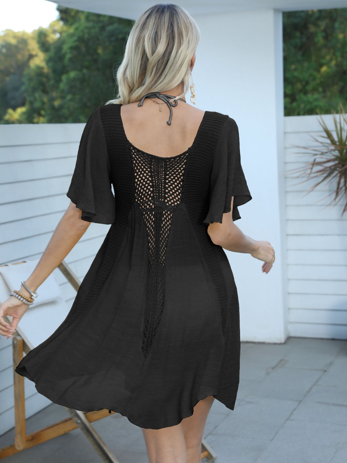 openwork flutter sleeve cover-up dress