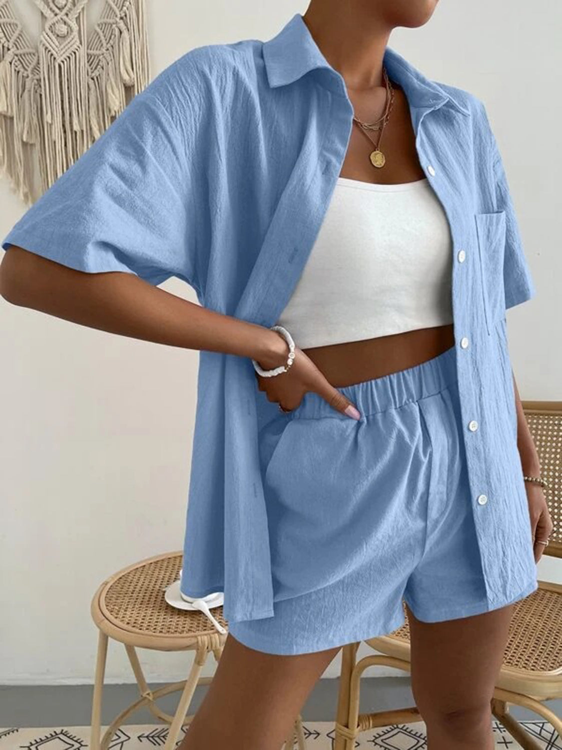 button up short sleeve shirt and shorts set