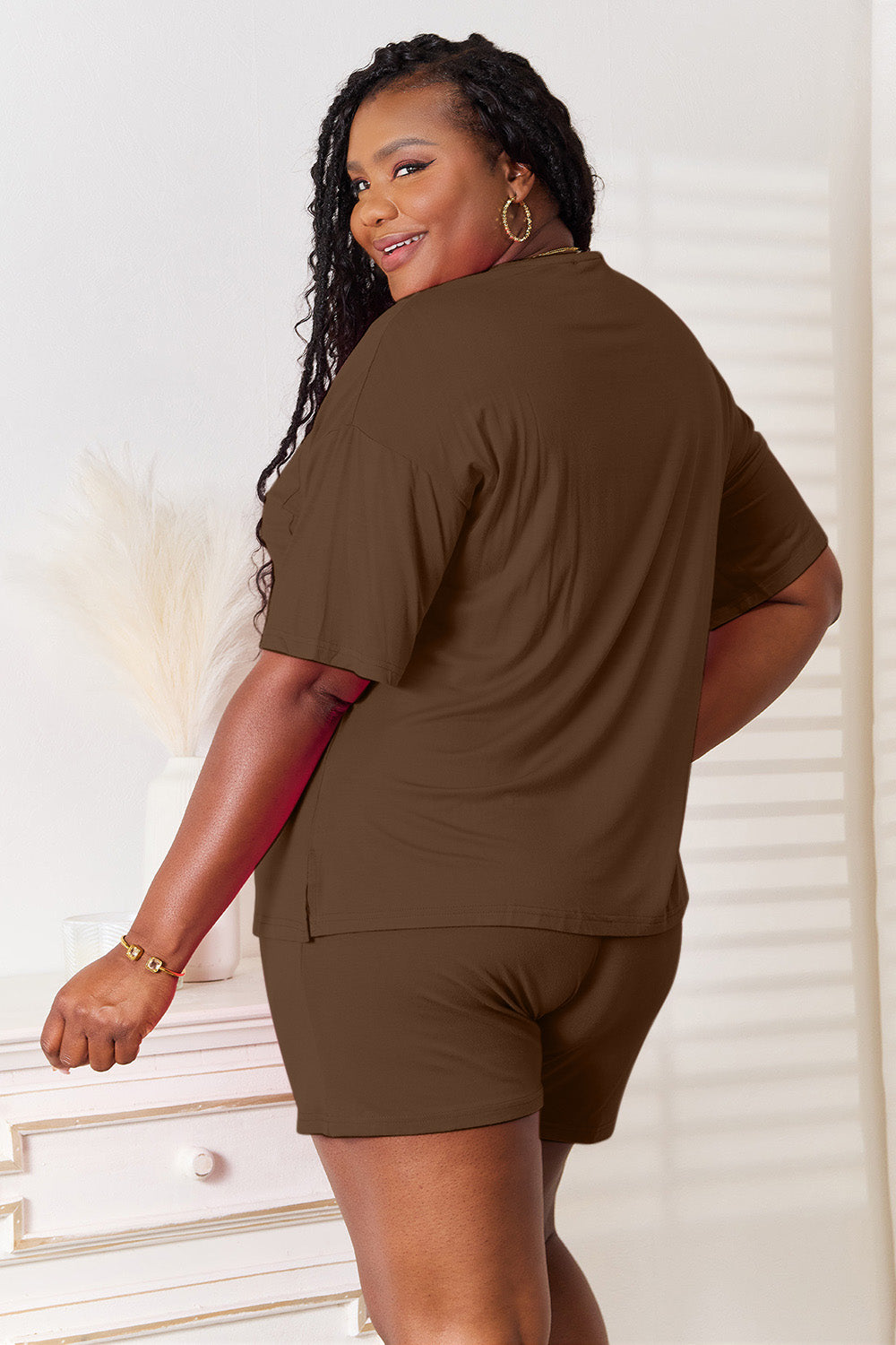 basic bae full size soft rayon half sleeve top and shorts set