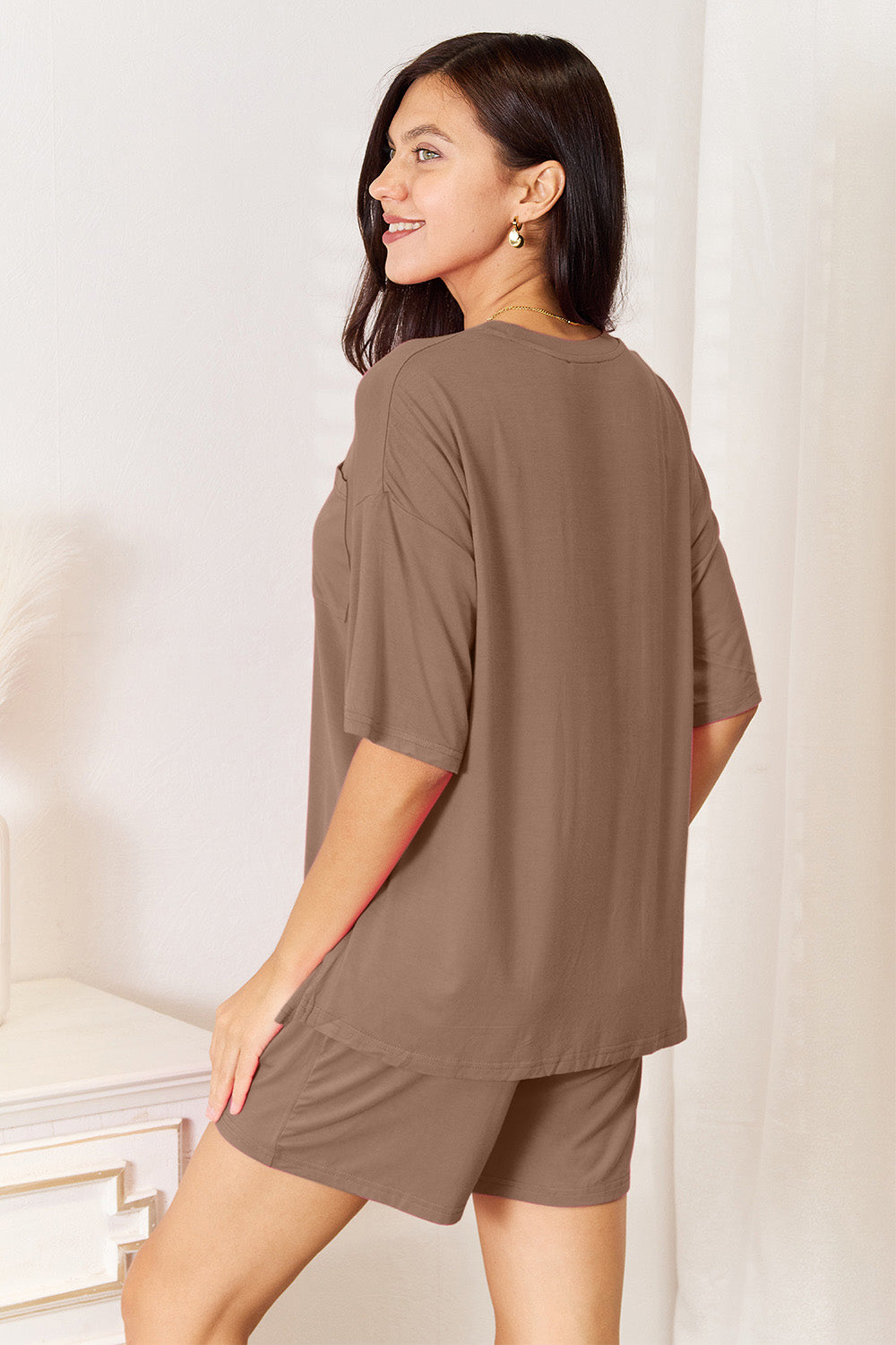 basic bae full size soft rayon half sleeve top and shorts set