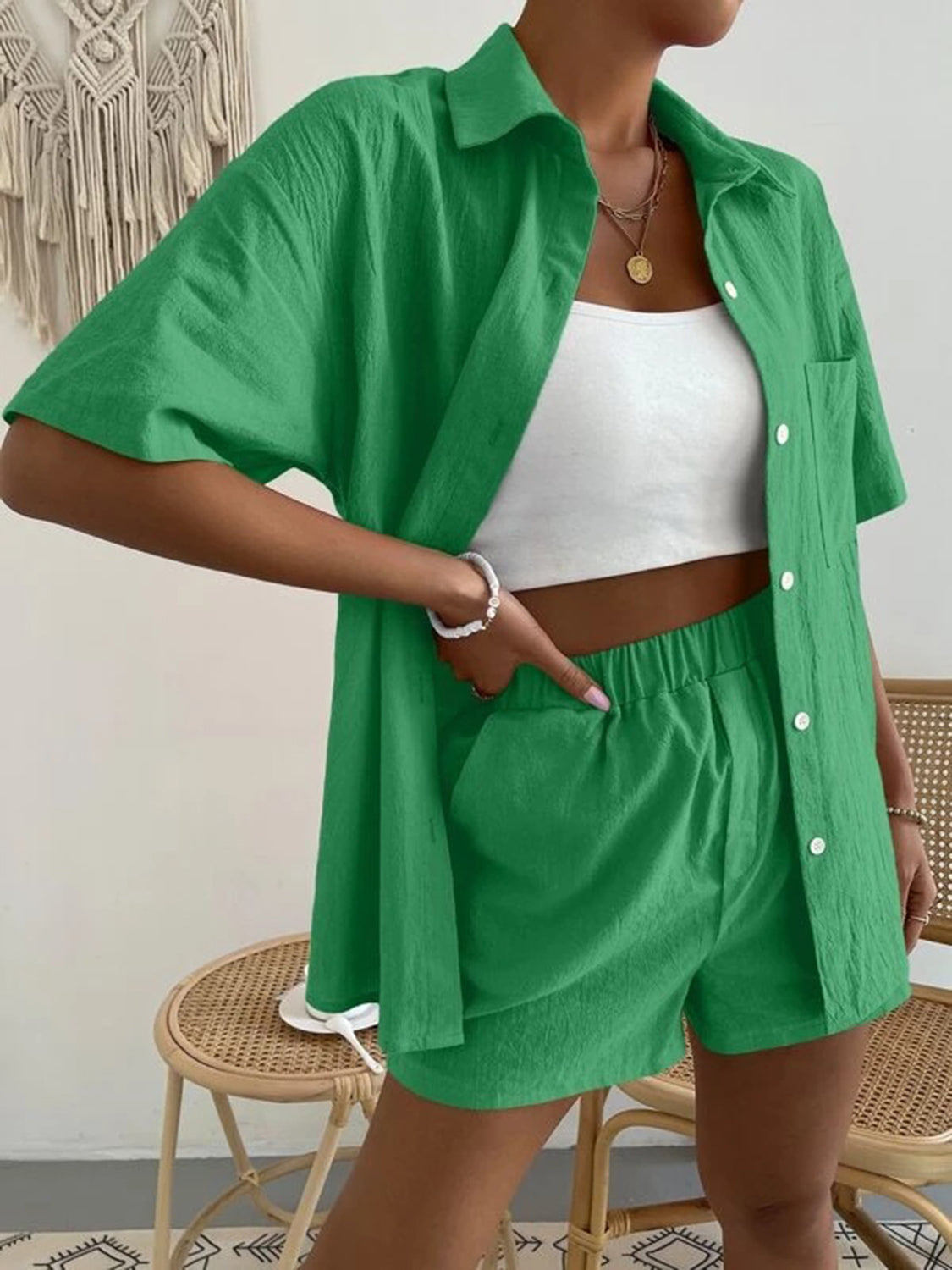 button up short sleeve shirt and shorts set