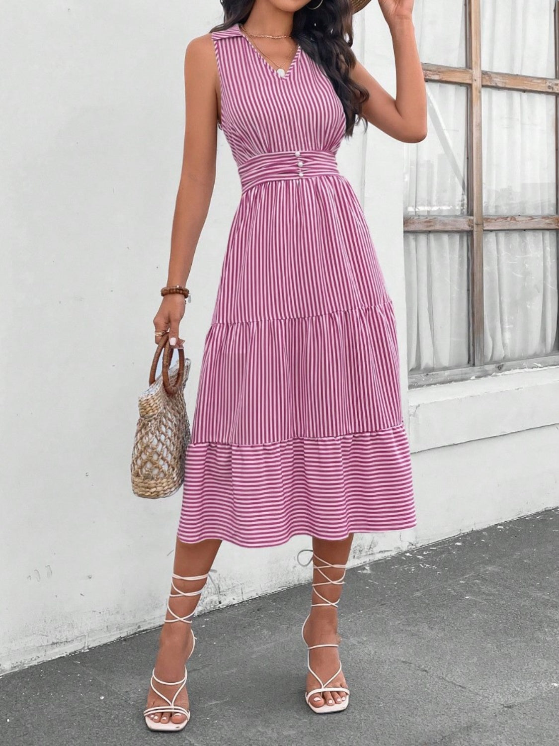 striped johnny collar sleeveless midi dress