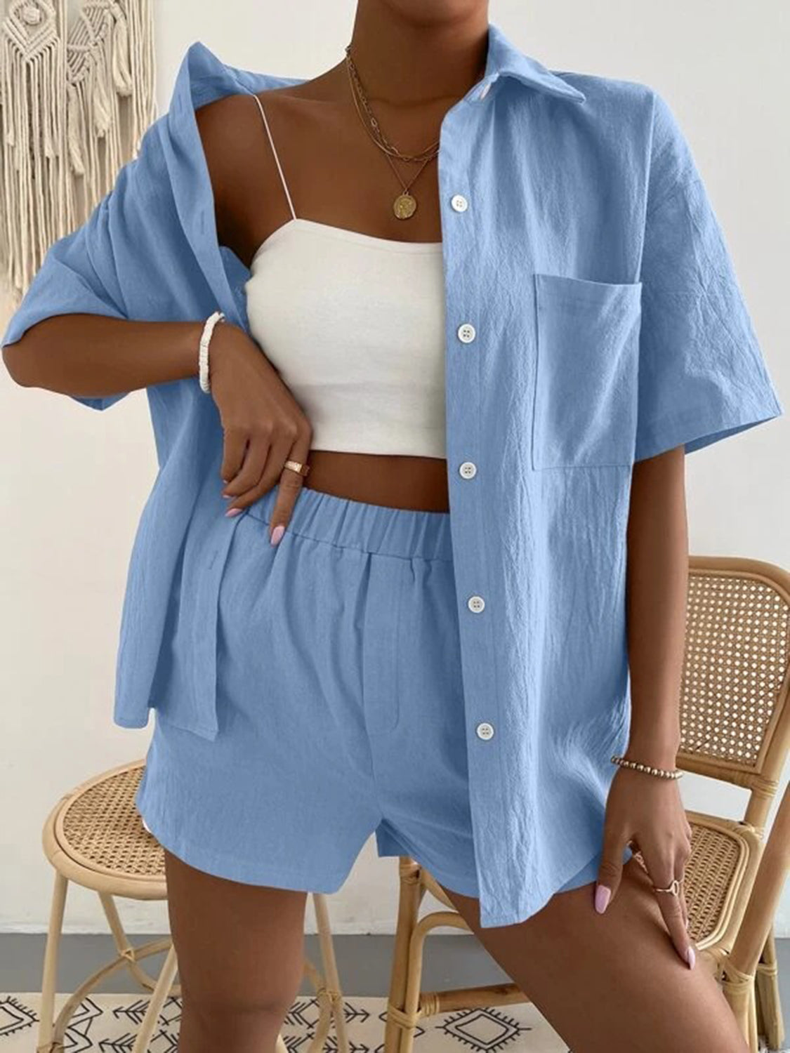 button up short sleeve shirt and shorts set