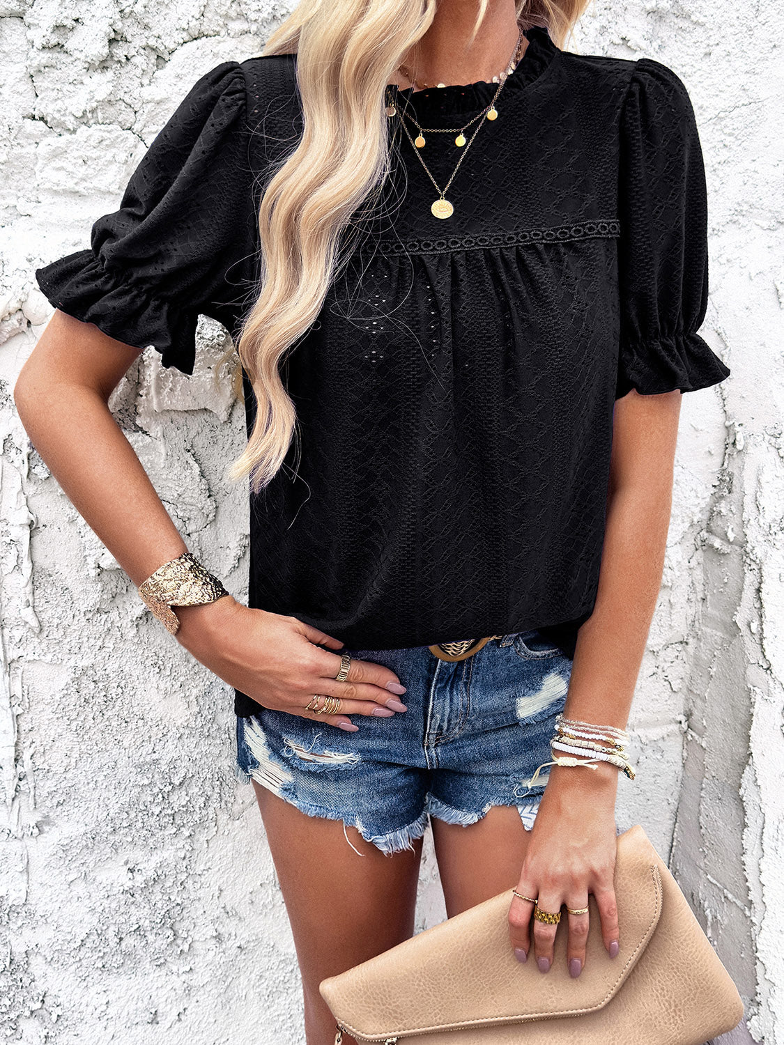 eyelet mock neck flounce sleeve blouse