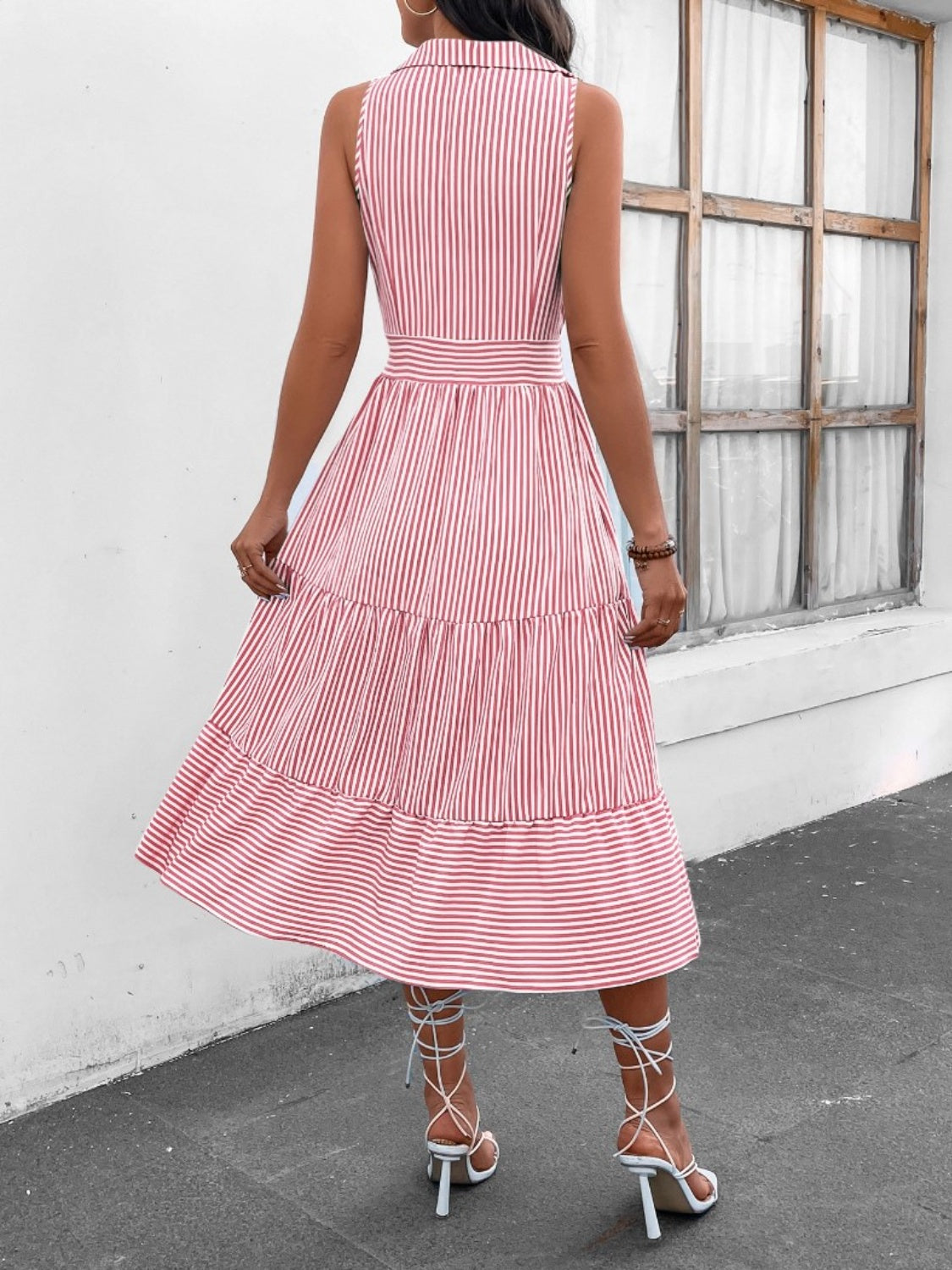 striped johnny collar sleeveless midi dress
