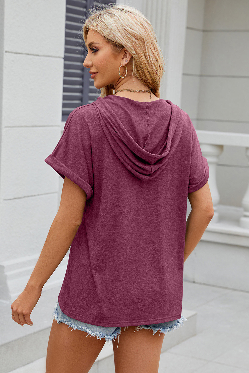 half button drawstring short sleeve hooded t-shirt