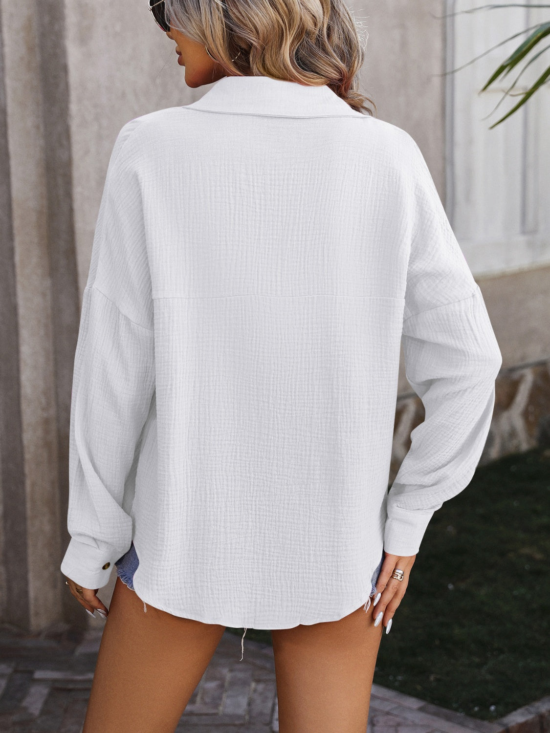 textured pocketed button up dropped shoulder shirt