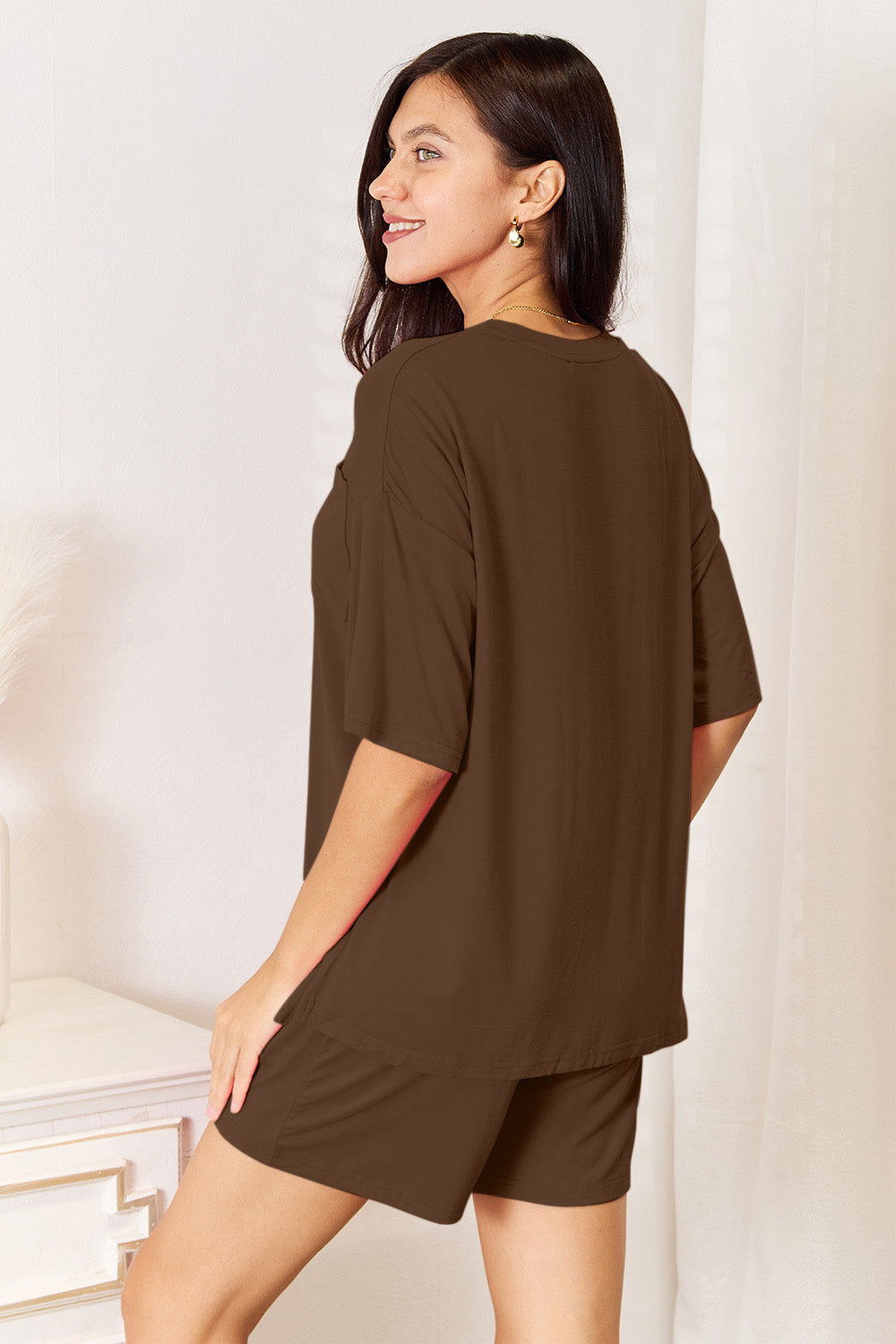 basic bae full size soft rayon half sleeve top and shorts set