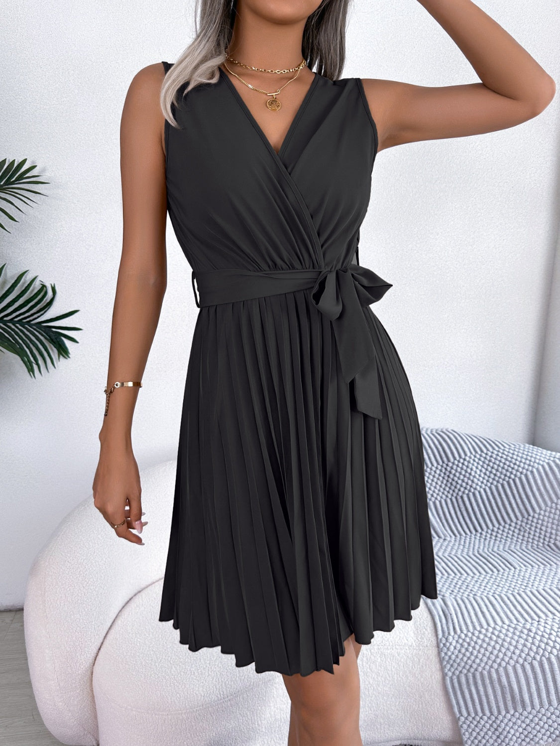 tied surplice sleeveless pleated dress