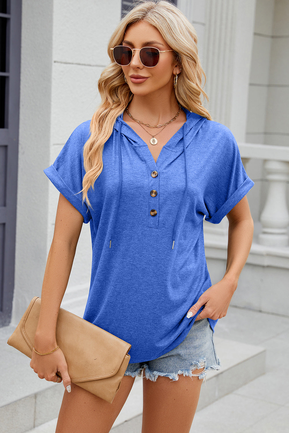 half button drawstring short sleeve hooded t-shirt