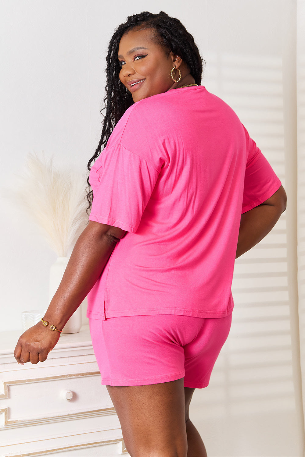 basic bae full size soft rayon half sleeve top and shorts set