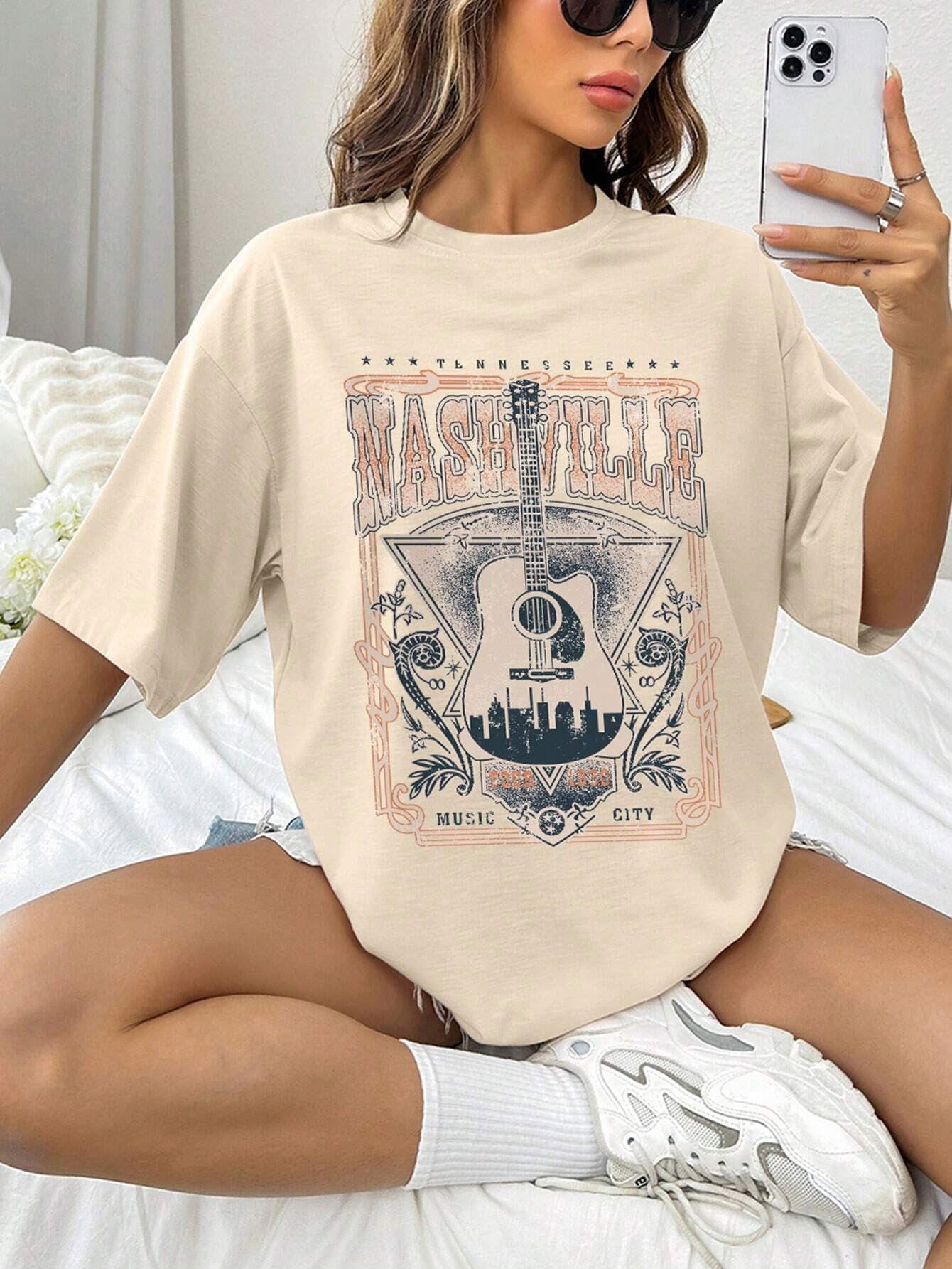 guitar graphic round neck half sleeve t-shirt