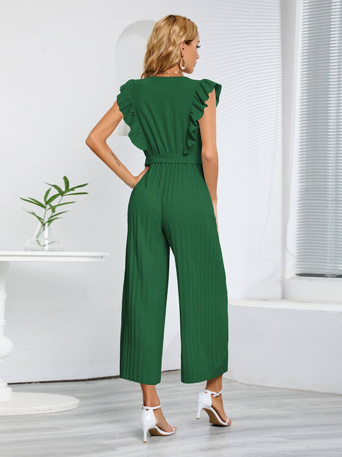 ruffled surplice cap sleeve jumpsuit