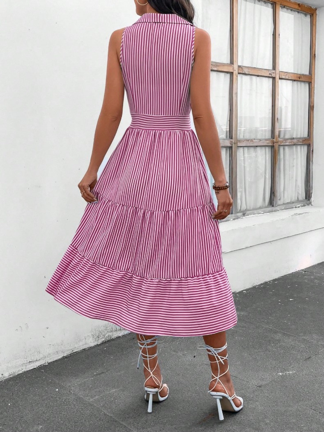 striped johnny collar sleeveless midi dress
