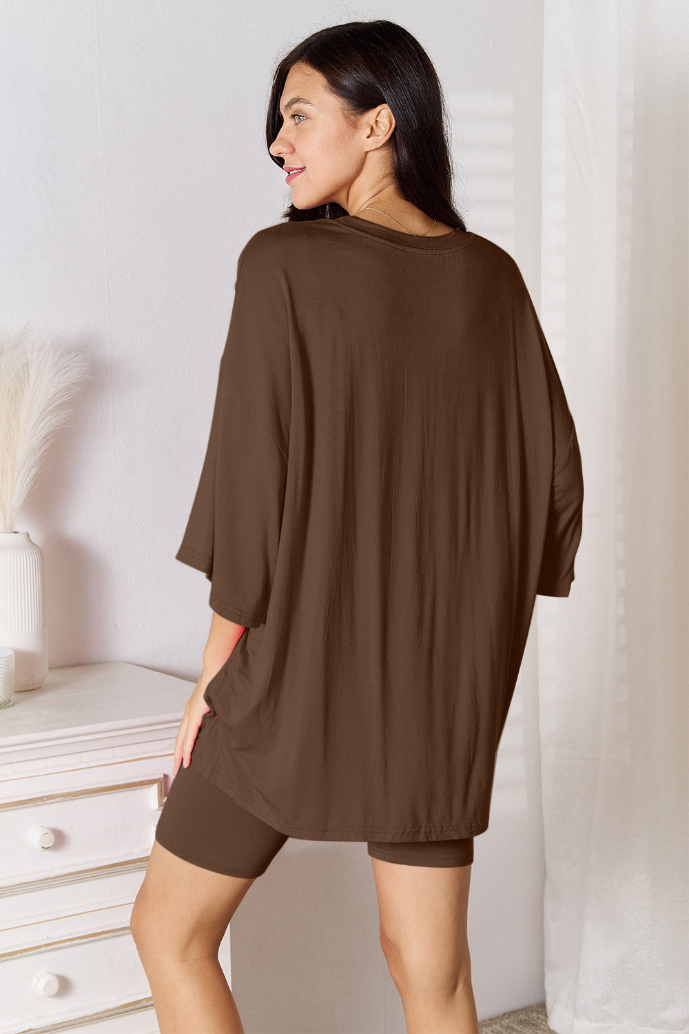 basic bae full size soft rayon three-quarter sleeve top and shorts set