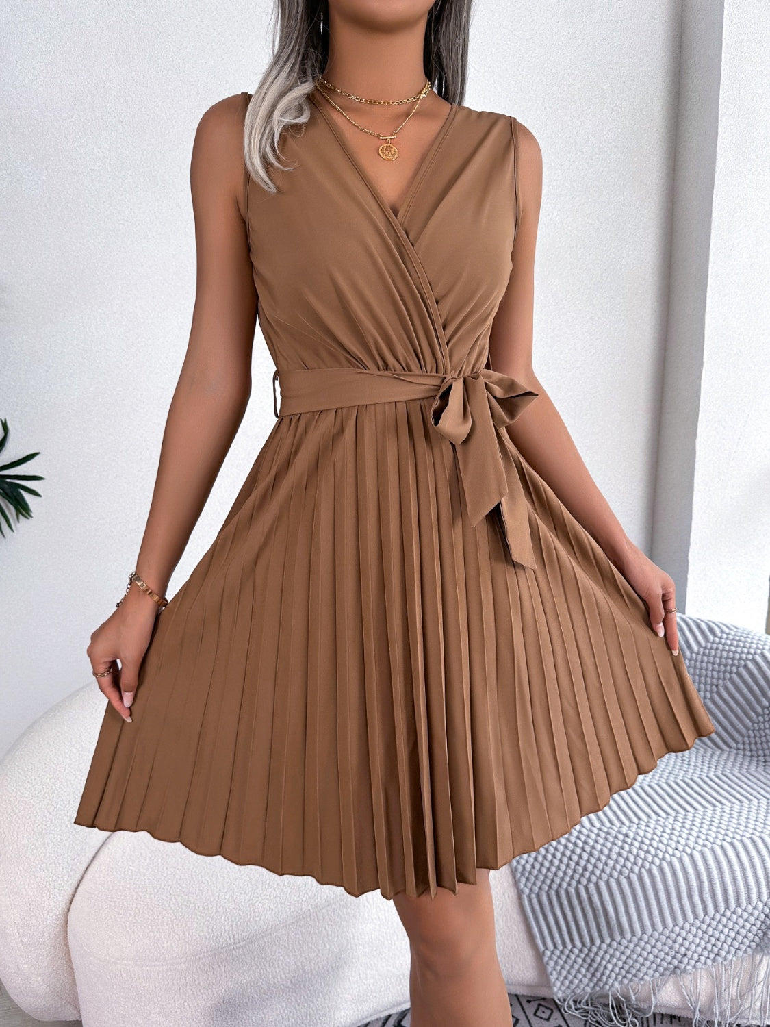 tied surplice sleeveless pleated dress