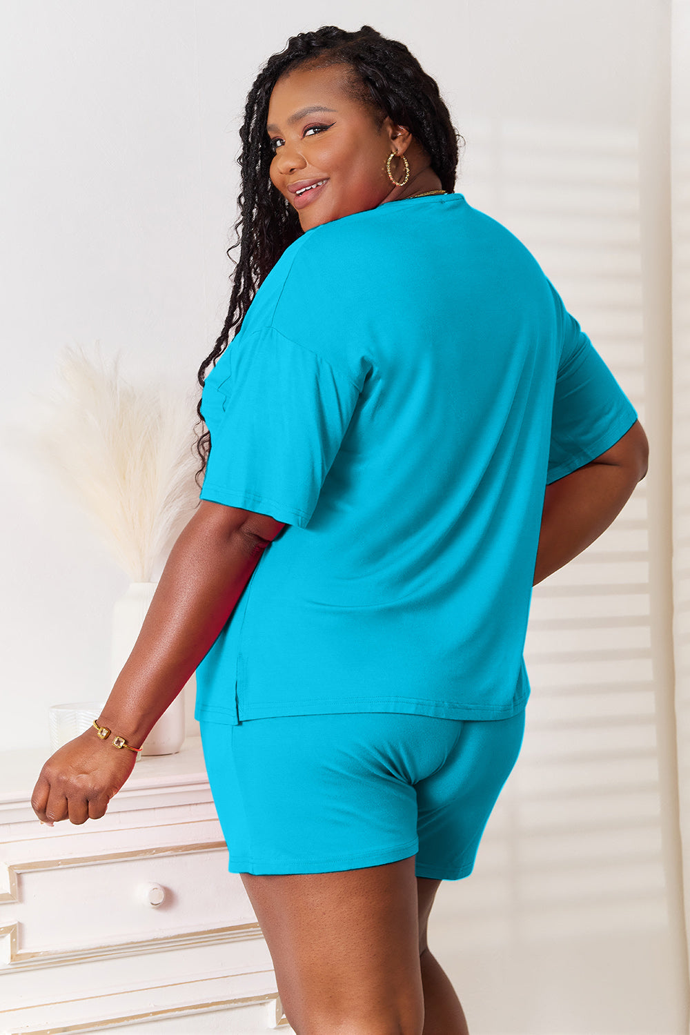 basic bae full size soft rayon half sleeve top and shorts set