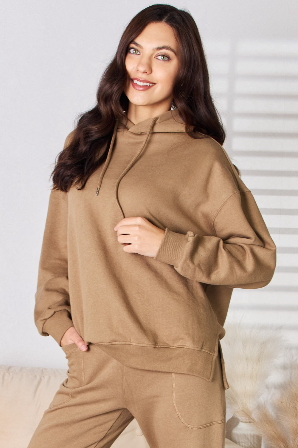 risen drawstring drop shoulder long sleeve hoodie