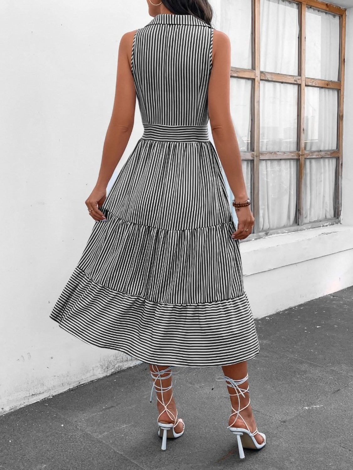 striped johnny collar sleeveless midi dress